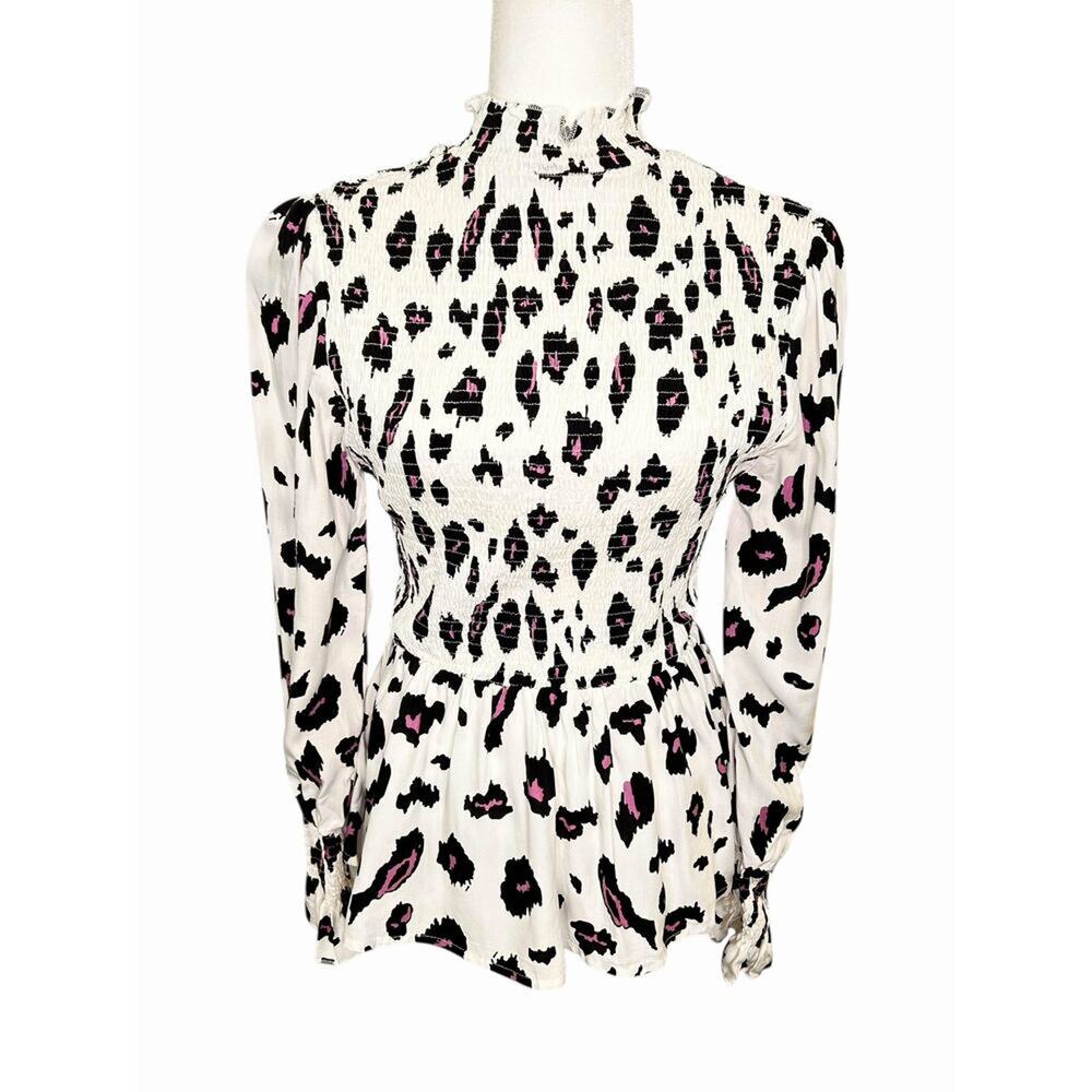 Black Purple Leopard Print Shirred Body Long Sleeve High Neck Peplum Blouse